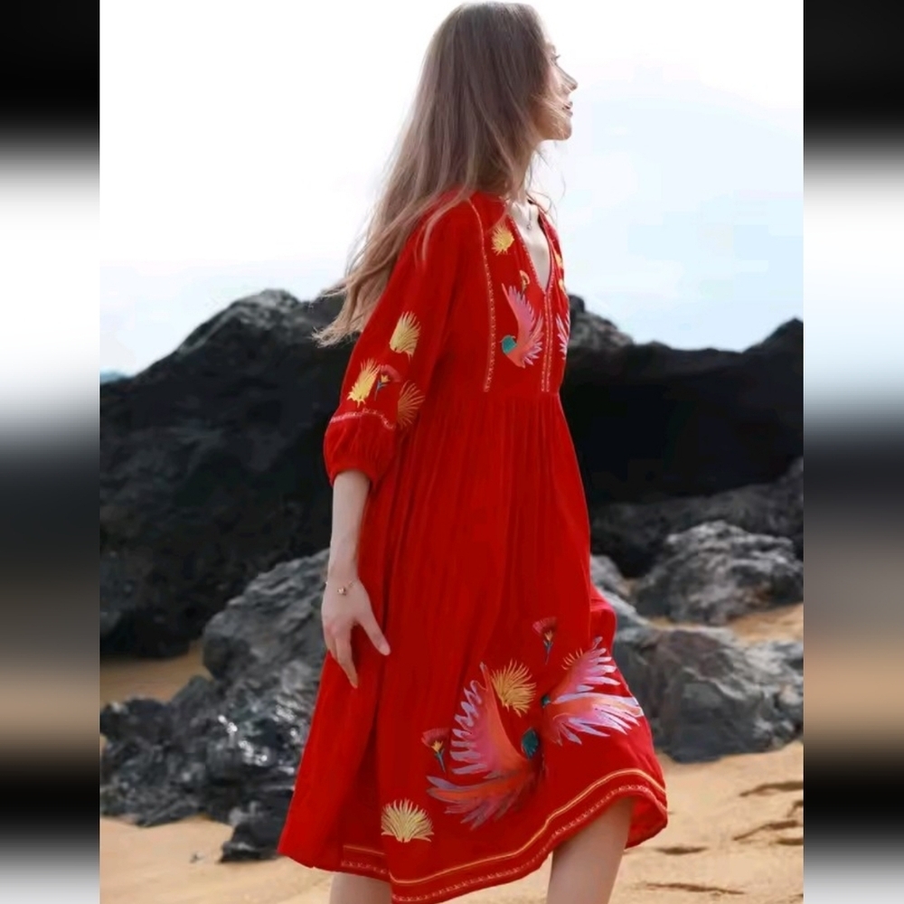 Vibrant Red Maxi Dress with Embroidered Details - Picture 5 of 13